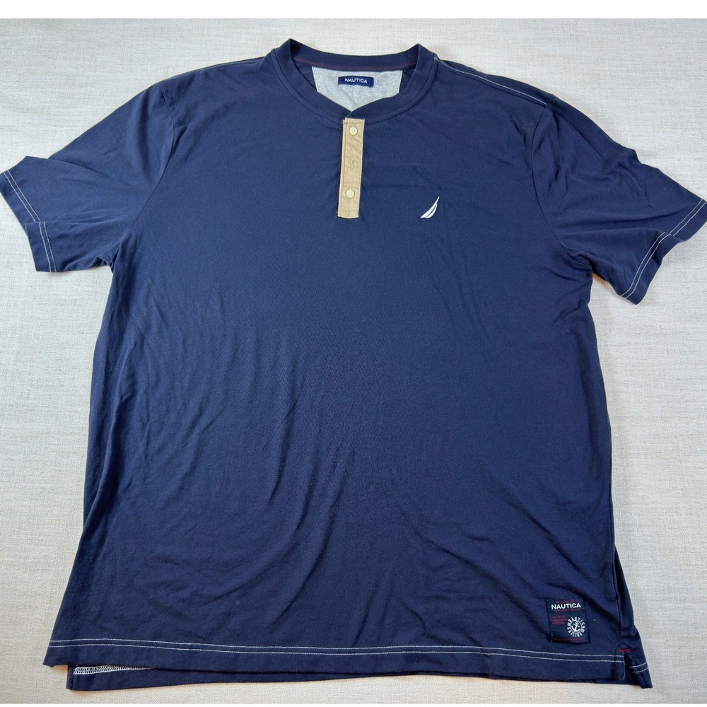 NWT Nautica Mens Navy Blue Short Sleeve Henley Shirt Contrast Stitching XL